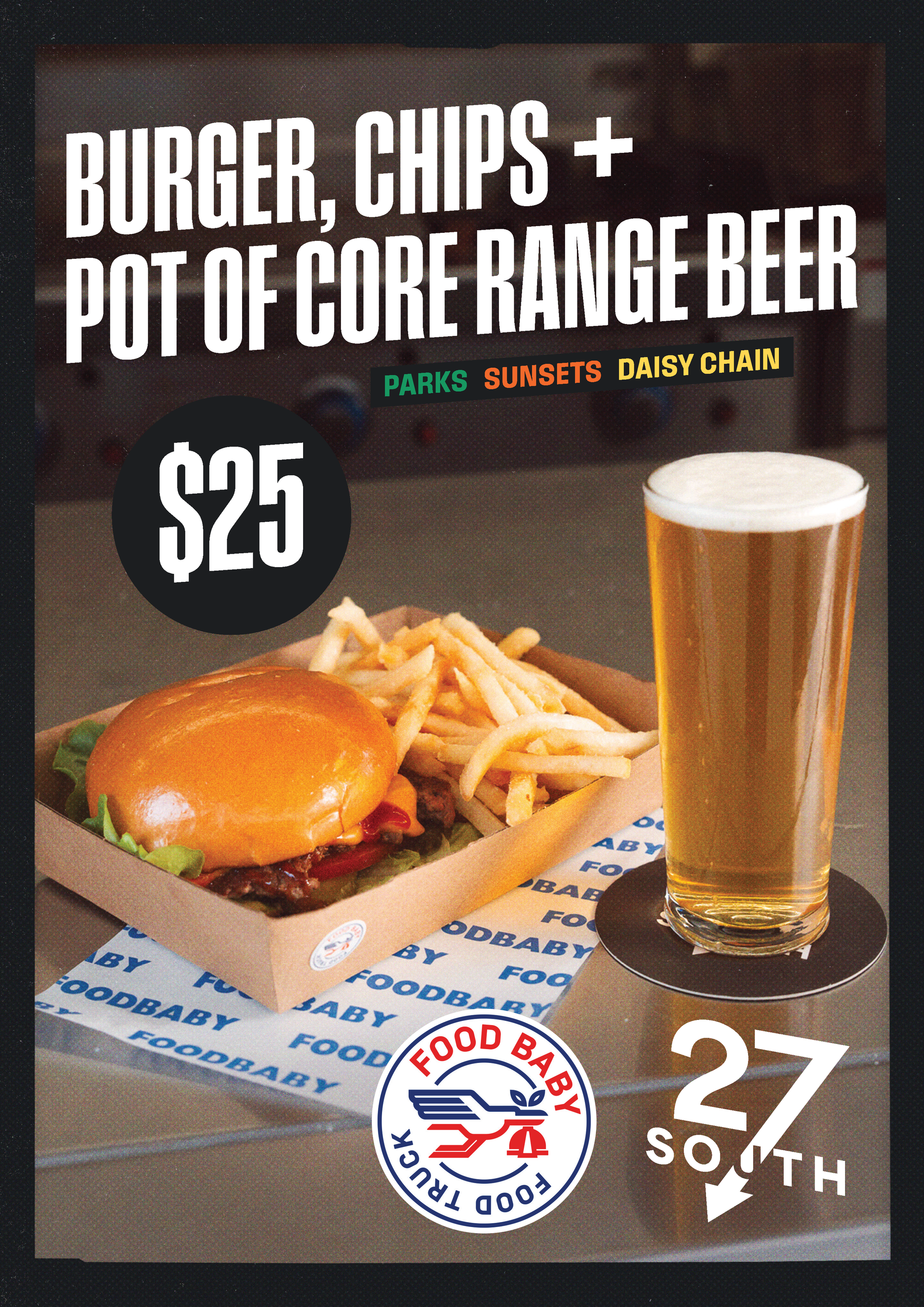 $25 Burger, chips + beer deal